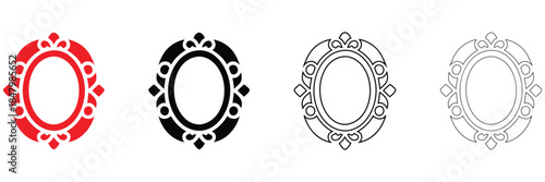 oval mirror frame icon symbol, ornate decorative design photo frame vector, silhouette and line art