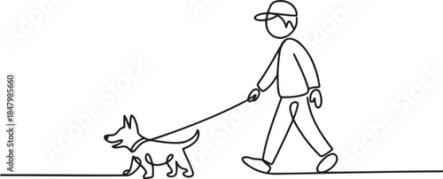 Continuous line drawing minimalist vector of person walking small dog on leash symbolizing friendship companionship and routine exercise