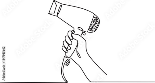 Continuous line drawing of a human hand holding electric hair dryer tool for styling and drying hair vector illustration