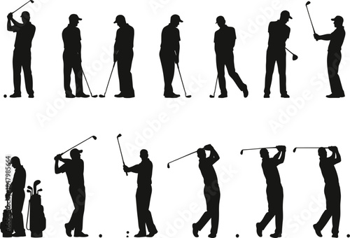 Diverse Collection of Black Golfer Silhouettes Featuring Various Swings, Putting Poses, and Equipment for Professional Golf Tournaments, Country Clubs, and Sports Graphic Design.