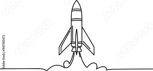 Continuous line drawing of a launching rocket taking off for space exploration