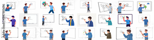Vector illustration collection of young people drawing, writing, and presenting ideas on whiteboards for education and creativity.