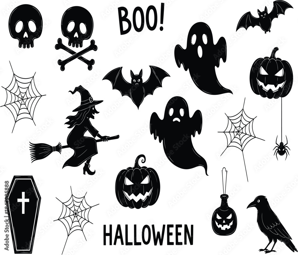 Obraz premium A spooky collection of halloween elements including skulls ghosts bats a witch and pumpkins for festive celebrations