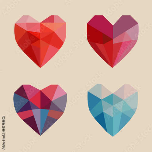 Four colorful geometric heart illustrations on a light background