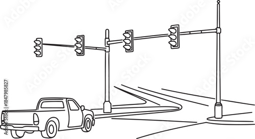 Continuous line drawing of pickup truck driving near intersection with multiple traffic lights and street signals in urban environment