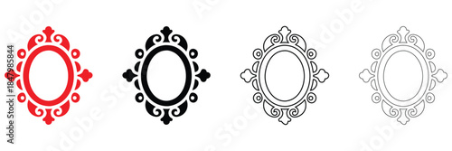 oval mirror frame icon symbol, ornate decorative design photo frame vector, silhouette and line art