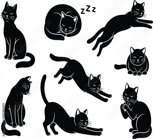 A collection of playful black cat silhouettes depicted in various dynamic and relaxed poses including sleeping and stretching