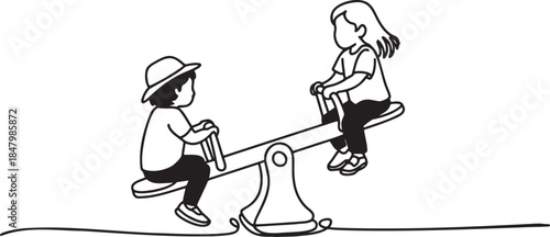 Continuous line drawing of two children playing on a seesaw in a park playground
