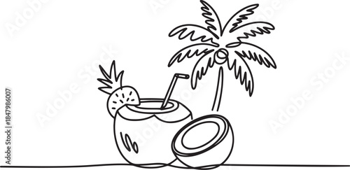 Continuous one line drawing of refreshing coconut cocktail with palm tree and pineapple garnish symbolizing tropical summer vacation