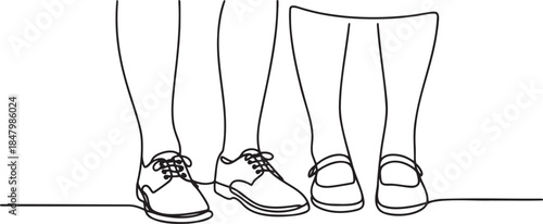 Continuous one line drawing of three pairs of legs wearing different types of shoes casual fashion footwear illustration vector