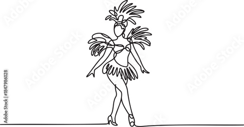 Continuous single line drawing of beautiful samba dancer woman wearing traditional carnival costume with large feathered headdress