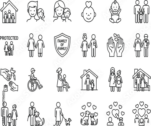 A collection of simple monochrome line icons depicting family protection healthcare and various life events