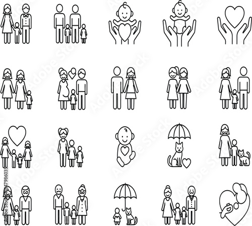 A collection of simple black and white line icons depicting various family relationships and togetherness concepts