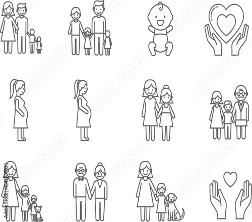 Illustrative line art depicts various family stages and concepts including pregnancy parenthood and loving care