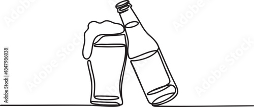 Continuous single line drawing of glass of refreshing cold beer with foam and bottle for summer celebration concept
