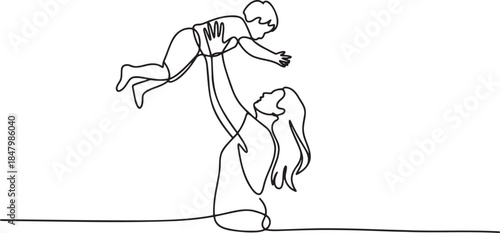Continuous single line drawing of happy mother holding her young baby high in air symbolizing love bonding and family joy