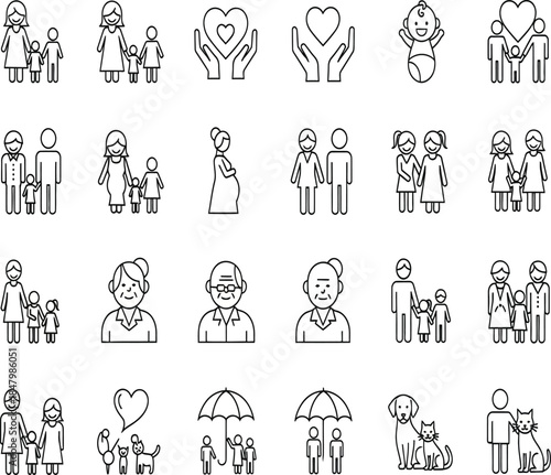 A collection of linear icons depicting diverse family relationships love care and supportive connections between people