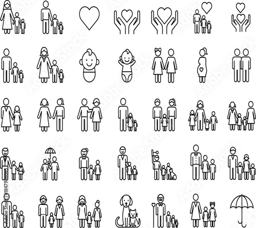A collection of minimalist black and white line icons depicting families couples and symbols of love and protection