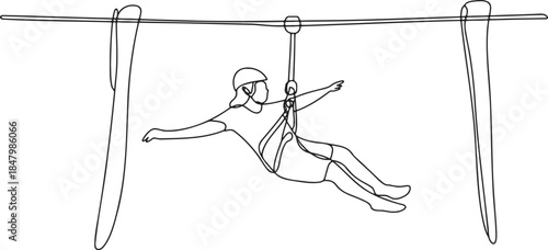 Continuous single line drawing of person wearing safety gear riding on a zip line through nature activity and outdoor adventure