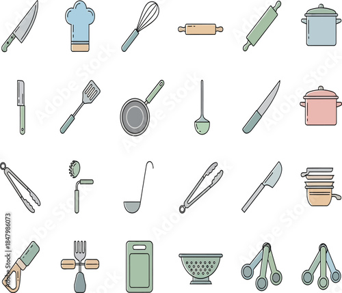 a collection of colorful pixelated kitchen utensils and cookware displayed in a minimalist flat design style