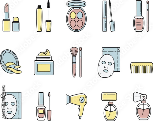 a colorful collection of cosmetic products and beauty tools displayed in a simple illustrative line art style