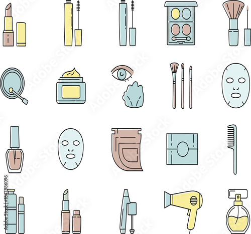 A colorful collection of cosmetic and beauty product icons including makeup skincare and hair styling tools displayed in a grid
