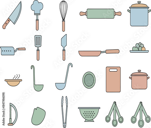An assortment of colorful kitchen tools and utensils depicted in a simple illustrative and slightly pastel style