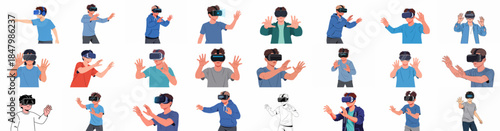 Collection of Young Men Experiencing Virtual Reality: Diverse Vector Illustrations of Boys Wearing VR Headsets and Interacting with the Digital Metaverse.
