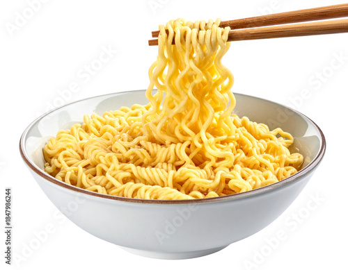 Vibrant Ramen Noodles Being Lifted by Wooden Chopsticks, Steam Visible, isolated on transparent background