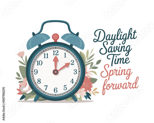 Daylight Saving Time banner. The clocks moves forward one hour. Floral decoration with pink flowers. Spring clock changes concept for web, emailing. Modern flat design, cartoon vector illustration
