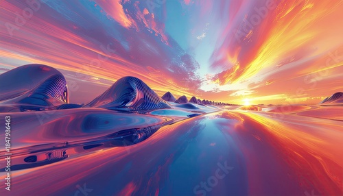 Abstract Futuristic Cityscape With Vibrant Orange Sunset Reflecting On Water And Streaking Clouds Creating A Dreamy Atmosphere