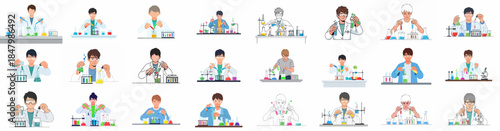 Diverse young scientists and students vector set performing chemical reactions, mixing liquids in test tubes, beakers, and flasks in a professional science laboratory.