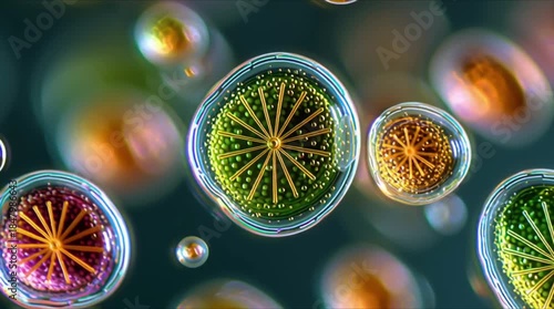 extreme macro of bioluminescent dinoflagellates in suspended micro-droplets, layered dichroic glass breathing technique glass angles. Temperature gradient triggers bioluminescence variation. Bokeh 4k