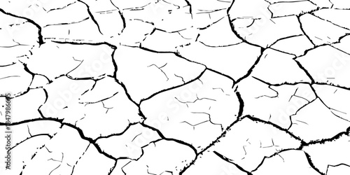 High-contrast black and white cracked earth texture with dry soil plates and sharp fissures. Ideal for drought, climate change, environmental damage, abstract backgrounds, and minimal graphic design p