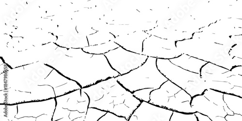 High-contrast black and white cracked earth texture with dry soil plates and sharp fissures. Ideal for drought, climate change, environmental damage, abstract backgrounds, and minimal graphic design p