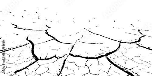 High-contrast black and white cracked earth texture with dry soil plates and sharp fissures. Ideal for drought, climate change, environmental damage, abstract backgrounds, and minimal graphic design p