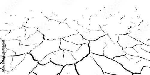 High-contrast black and white cracked earth texture with dry soil plates and sharp fissures. Ideal for drought, climate change, environmental damage, abstract backgrounds, and minimal graphic design p