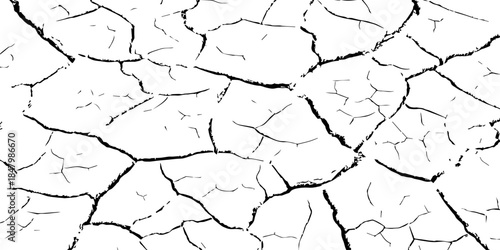 High-contrast black and white cracked earth texture with dry soil plates and sharp fissures. Ideal for drought, climate change, environmental damage, abstract backgrounds, and minimal graphic design p