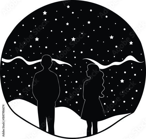 Winter Night Silhouette of a Girl Under the Moon and Stars