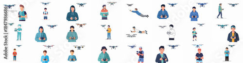 Drone Piloting Illustration Set: Diverse male characters operating quadcopters with remote controllers, showing hobby, technology, and aerial concepts.