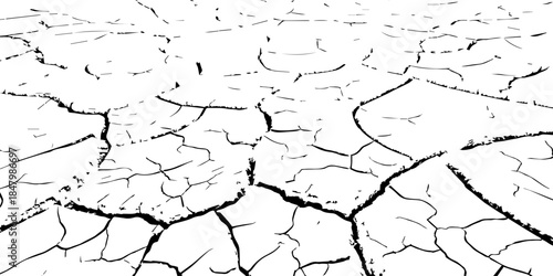High-contrast black and white cracked earth texture with dry soil plates and sharp fissures. Ideal for drought, climate change, environmental damage, abstract backgrounds, and minimal graphic design p