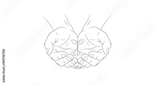 Two Hands Cradling a Small Green Plant Symbolizing Growth and Nurturing in Minimalist Style