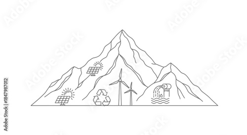 Stylized Illustration of Mountains with Renewable Energy Elements like Solar Panels and Wind Turbines