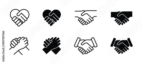 Handshake icon set. Business agreement handshake symbol. Friendly, partnership deal handshake line and silhouette sign. Transparent png and vector illustration