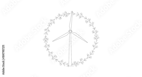 Minimalist Wind Turbine Surrounded by a Circular Floral Design Representing Renewable Energy and Nature