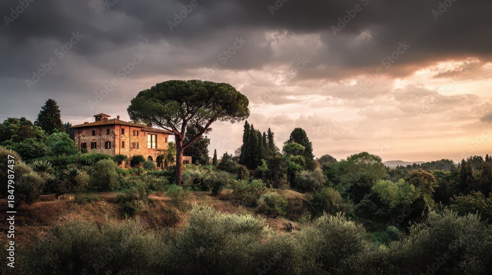 Fototapeta premium Tuscany's Architectural Marvels: A Journey Through Buildings and Lush Trees Beneath a Cloudy Sunset Sky