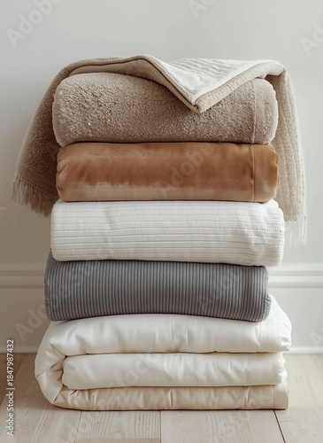 Cozy Stacked Knitted and Fluffy Blankets in Neutral Warm Tones with Fringe