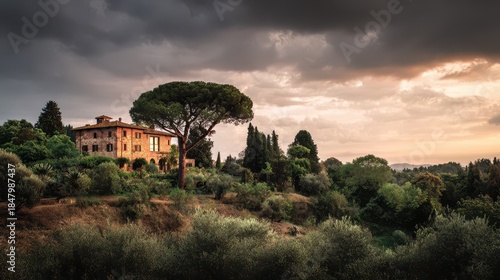 Tuscany's Architectural Marvels: A Journey Through Buildings and Lush Trees Beneath a Cloudy Sunset Sky