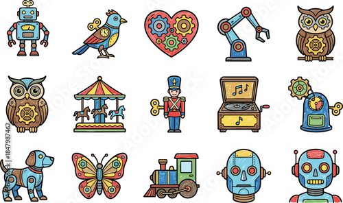 Colorful cartoon collection of mechanical robots, animals, toys, gears, and automation icons for whimsical design, engineering, and illustration use
