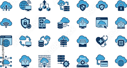 Cloud computing icons, data storage, network security, cloud infrastructure, digital services, blue theme, server tools, online access, technology visuals, cloud interface, IT systems